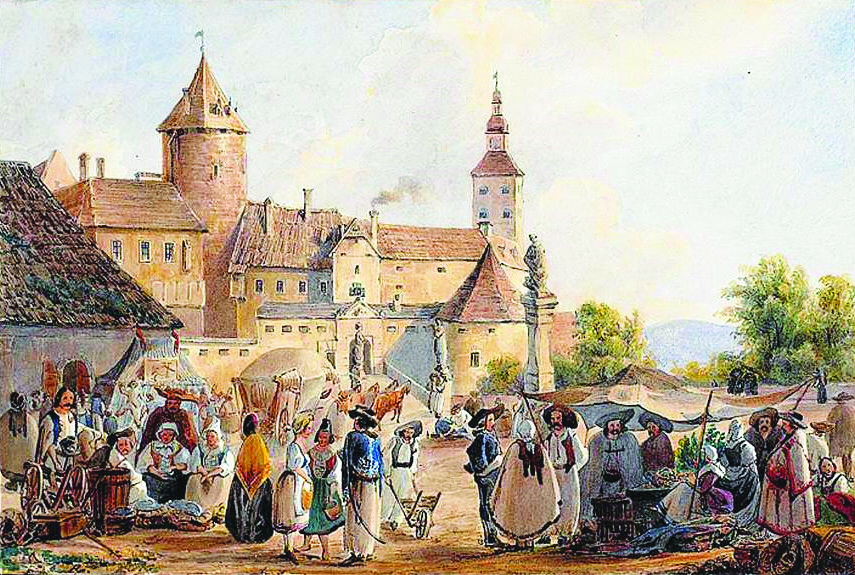 ein Gemälde einer Gruppe von Menschen in traditioneller Kleidung